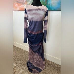 Luxury brand long sleeved mesh maxi side ruching watercolor print purple navy XL